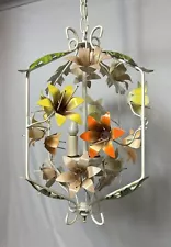 Vintage Italian Style Hand Painted Tole Chandelier Swag Lamp 3 Light Cage 16”