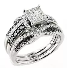 14K White Gold 1.22 Carat Quad Princess White & Black Diamond Engagement Rings