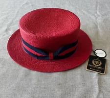 Men's Natural Boater Hat 100% Red/Blue Straw Skimmer By Bruno Capelo BC-634