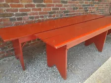 Pair of Large Antique Vintage 8' Primitive RED PAINTED Wooden Barn/Farm Benches