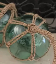 Vintage 7" Diameter Hand-Blown Green Glass-and-Jute Nautical Fishermen's Buoys