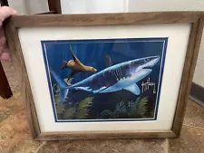 Guy Harvey Autographed Great White Shark With Seal Art Painting Print In Frame