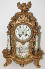 Antique French Fancy Cherub Clock with Porcelain Columns and Scene Plaque