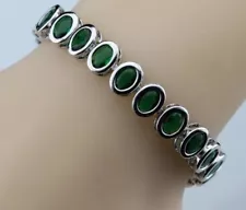 Sterling Silver Bracelet Green Lab-Created Emerald Oval Shaped Gemstones