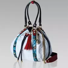 Marino Orlandi Bucket Bag Drawstring Purse Alabaster Leather Tote Swarovski