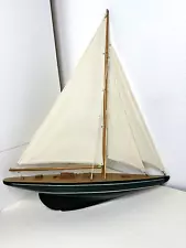 Vintage Wooden Sailboat Model Ship 19 1/2" with 3 Sails and Green Hull - No Stan