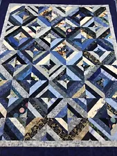 Handmade Patchwork Quilt, Shades of Blues, 55" x 68", Quilts for Sale