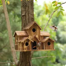 Outside Wooden Bird Houses Hanging 6 Hole Handmade Natural Bird House Yard