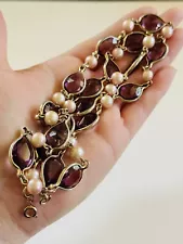 Necklace VTG Pear Open Bezel Austrian Crystal Purple Gold Tone Strand Chain Rare