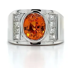 Men's 14k White Gold Oval Orange Spessartite Garnet & Princess Diamond Ring