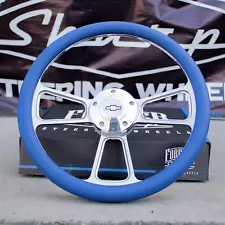 14" Billet Steering Wheel for Chevy - Blue Wrap and Chevy Horn Button