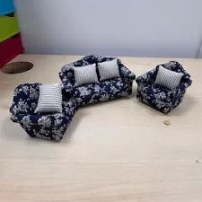 DAMAGED CHAIR LEG 1:12 Scale DF423 - Blue Sofa Set with Cushions Living Room