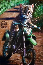 Jacob Landis HANDMADE ORIGINAL art Card ACEO Yamaha 250cc "Tabby On A Dirtbike"