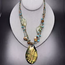 Ethel and Myrtle Necklace Art Glass Shell Seed Bead Green Blue Brown Abstract