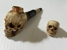 Deer antler hand carved Skull Tobacco Pipe and ring