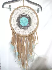 Lg Decorative Boho Crochet Hanging Dream Catcher Turquoise White Beaded Feathers