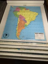 8 Vintage CRAM Classroom Pull-Down World Maps W/ Wood Dowel 92” By 56”