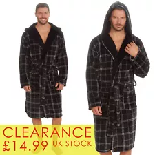 Mens Tartan Black Hooded Dressing Gown Bathrobe Robe M L XL XXL Sale Plush NEW