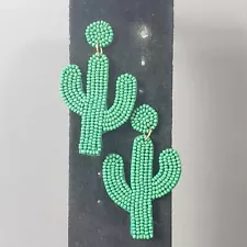 Dangle Statement Cactus Earrings Green Retro Seed Beads Modernist Boho 2.5"