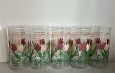 5 Vintage Drinking Glasses Pink Tulips 5 3/4” Crisa 90’s