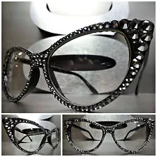 Women's VINTAGE CAT EYE Clear Lens EYE GLASSES FRAMES Hematite Crystals Handmade