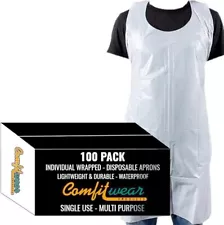 100 Pack Box Large White Plastic Disposable Aprons Throw Away Waterproof Aprons.