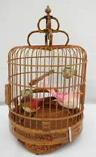 Oriental Design Round Wooden Birdcage Bird Cage Display w/ Fake Birds TF