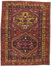 Rare Hand-Knotted Vintage Geometric Tribal Wool Oriental Rug Small Carpet 4x5 ft