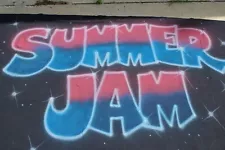 Airbrushed Backdrop "Summer Jam" Backyard Party Photo Booth Reunion 82" x 57"