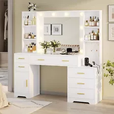 Vanity Desk with Lighted Mirror & Power Outlet, Makeup Vanity Table 6 Drawers