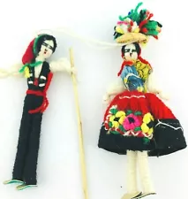 Vintage Mexican String Marionette Puppets Small Man Woman Flower Floral Hat