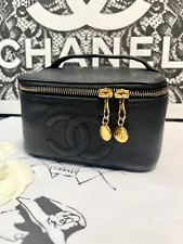 CHANEL CC Vanity Hand Bag Caviar Black Leather Gold France Vintage JAPAN 776