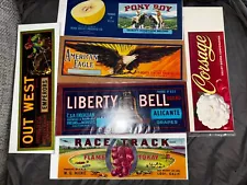 Vtg. Original Grape & Fruit Crate Labels. Set of 6 Liberty Bell, Race Track, Etc