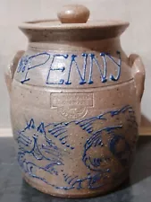 1989 Salmon Falls Pottery "PENNY" Cat Lidded Canister Jar Urn (?) 6" Salt Glazed