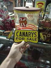 VTG Rare Old Heavy Porcelain Live Canary Birds For Sale Here Sign (White Back)