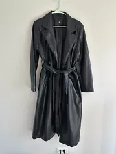 7 For All Mankind Long Length Black Faux Leather Trench Coat Buttons Pockets Tie