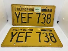 1956 California License Plate YEF 738 Pair DMV Cleared