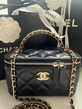 New CHANEL 22K Vanity Case Gold Top CHAIN Handle Black Lambskin Pick me up Bag