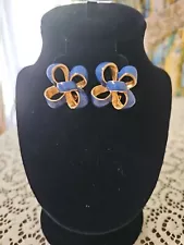 Vintage Gay Boyer Signed ART DECO Blue Gold Clip.on Earrings Estate Sale 1970s