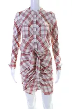 Veronica Beard Womens Button Front Crew Neck Plaid Dress White Red Pink Size 0