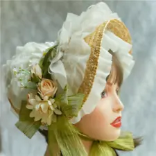 Handmade Bonnet Lolita Straw Hat Girl Woman Hat with Lace Ribbon Silk Flowers