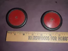 2 vtg. R/C Model Airplane tires, rubber tires w/ red wheels wood? 2 3/8"? dia.