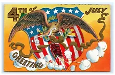 4th of July Embossed Eagle Fireworks American Flag Shield Postcard C4