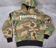 Vintage Y2K Thrasher Skateboard Magazine Hoodie Woodland Camouflage Pullover M