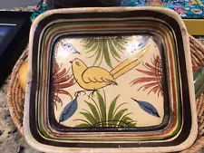 Vintage MEXICAN TLAQUEPAQUE Pottery Rectangle Clay Dish Folk Art Yellow Bird