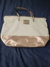 VICTORIA SECRET Zip Tote Handbag Beach Rose Gold Beige Canvas Bag