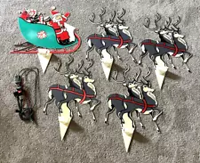 RARE Vintage Santa Sleigh Reindeer Hard Plastic Yard Stakes UNION Complete Great