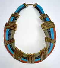 Tribal Necklace Collar Wide Leather Strips Brass Copper Metal Red Teal Black