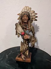 Native American Indian with Eagle Painted Resin Statue 14” Tall Decor Sculpture