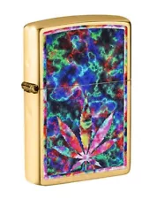 Zippo Lighter: Weed Leaf in Color - Brushed Brass 49398